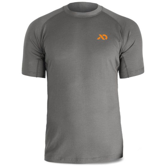 First Lite Men's Wick Short Sleeve Crew in Heather Grey, ultralight Aerowool base layer with mesh ventilation
