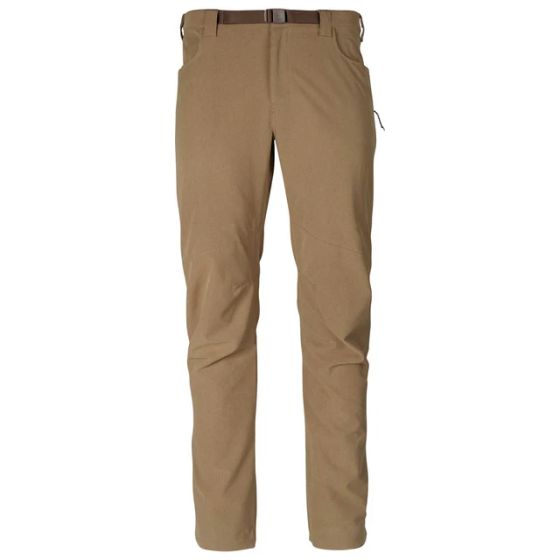 First Lite Trace 5-Pocket hunting pants in Dry Earth with thigh vents and low-profile removable belt
