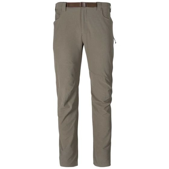 First Lite Trace 5-Pocket Pant in Walnut with outer-thigh vents, zip rear pockets, and low-profile removable belt
