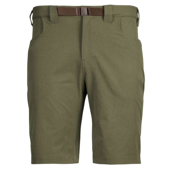 First Lite Trace Short in Conifer with 10-inch inseam, 5-pocket layout, zip rear pockets, and low-profile removable belt
