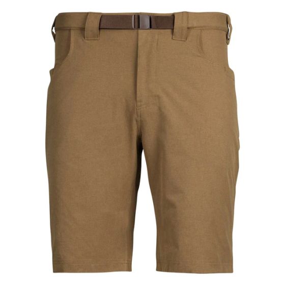 First Lite Trace Short in Dry Earth with 10" inseam, 5-pocket layout, zip rear pockets, and low-profile removable belt
