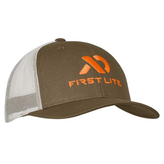 First Lite Trucker Hat in Dry Earth with washed twill front, mesh back, and pre-curved visor
