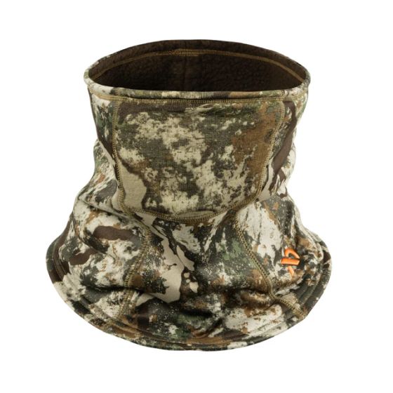 First Lite Tundra Neck Gaiter in Specter camo with softshell exterior, Merino face panel, and synthetic shearling liner
