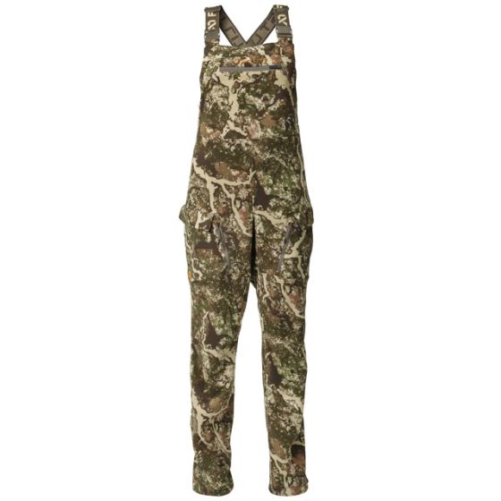 First Lite Women’s Phase Bib in Specter camo with windproof fleece softshell, magnetic cargo pockets, and full-length side zips
