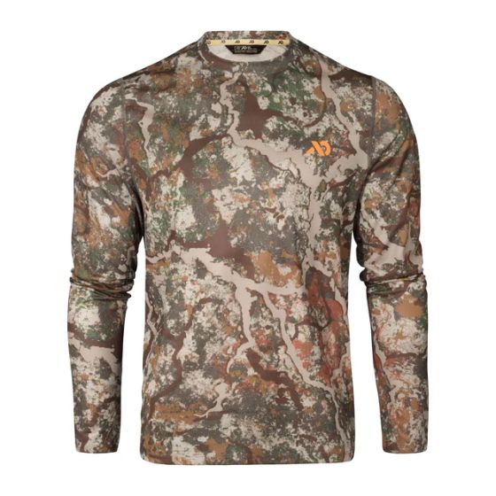 First Lite Yuma Synthetic Long Sleeve Crew in Specter camo, ultralight Dot Matrix polyester with 37.5, HeiQ Pure, and No Fly Zone insect repellency
