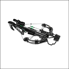 CenterPoint Tradition 405 Crossbow with stealth black adjustable stock, Whisper Silencing System, and full accessory package including 4x32 illuminated scope and three 20-inch arrows.
