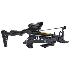 CenterPoint Hornet Pistol Crossbow with stealth black stock, reflex red dot sight, and three included 6" aluminum bolts for target shooting and pest control.
