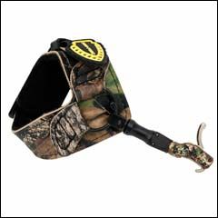 Tru-Fire Hardcore Buckle Foldback Release, adjustable trigger pressure and travel with camo leather strap for optimal archery performance.
